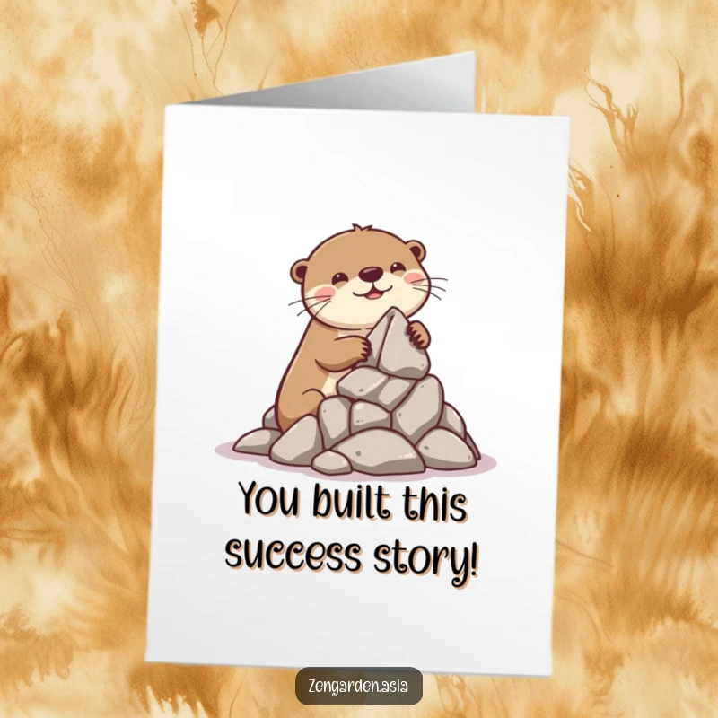 Funny Free Printable Congratulations Card: A playful otter with a huge grin builds a miniature rock formation, celebrating a clever win.