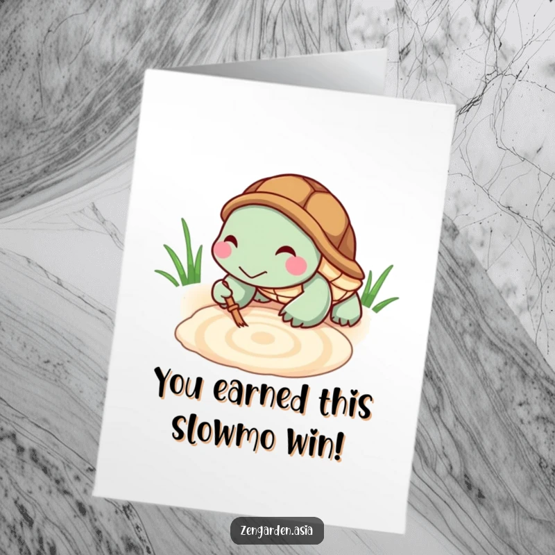 Funny Free Printable Congratulations Card: A tiny turtle grins while raking a neat pattern in a sandbox, marking a well-earned success.