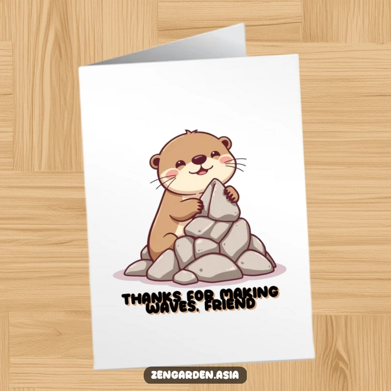 Funny Free Printable Thank You Card: A playful otter builds a rock formation with glee, offering enthusiastic thanks.