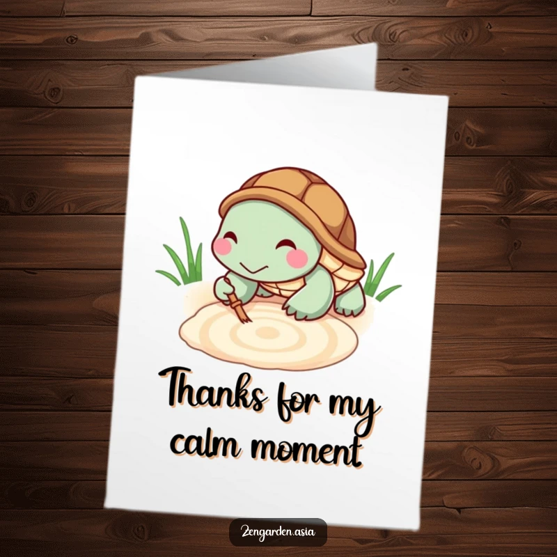 Funny Free Printable Thank You Card: A tiny turtle with a cheerful grin rakes a sandbox pattern, extending colorful thanks.