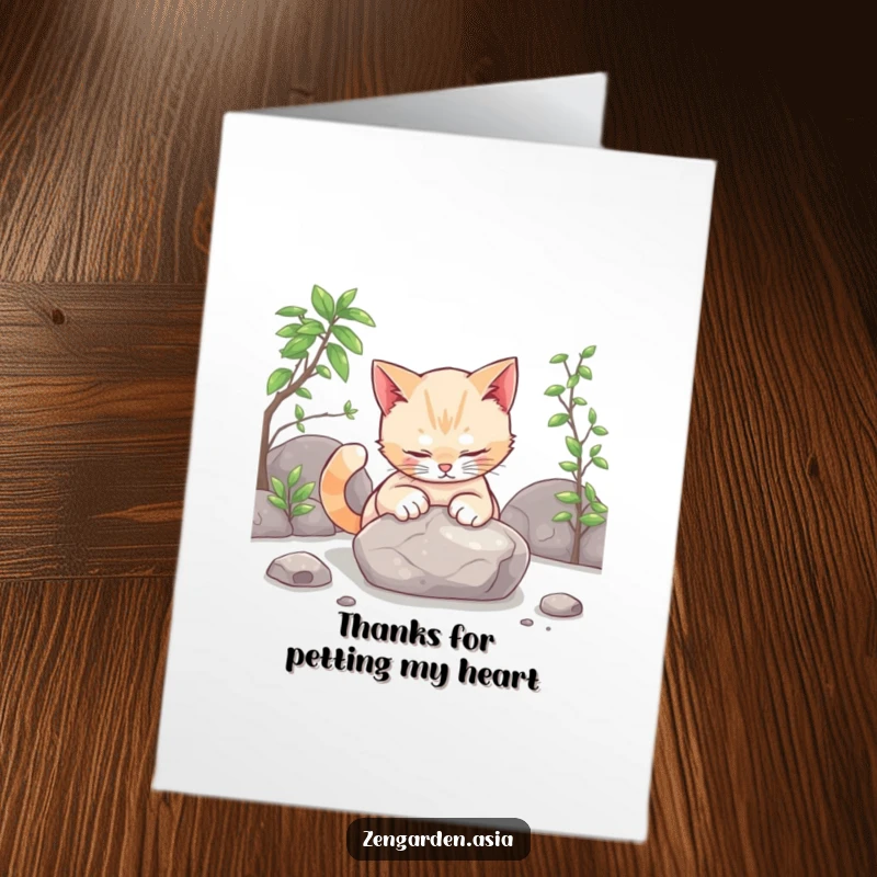 Funny Free Printable Thank You Card: Curious cat gently pats a smooth stone in a tranquil zen garden, offering calm thanks.