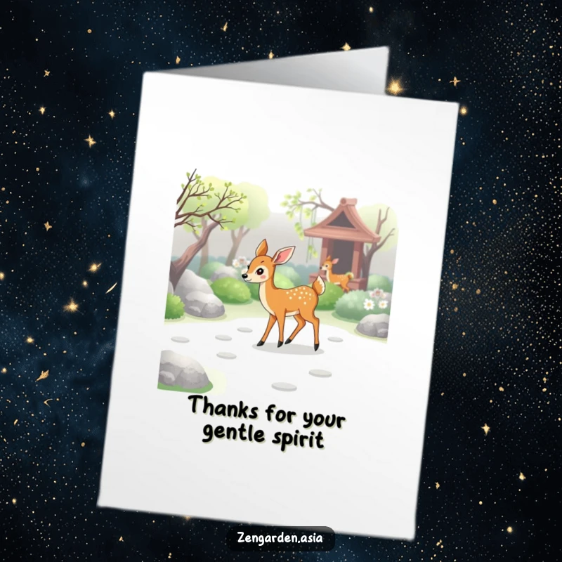 Graceful Free Printable Thank You Card: Deer walks through a zen garden, leaving gentle paw prints as a symbol of peaceful thanks.