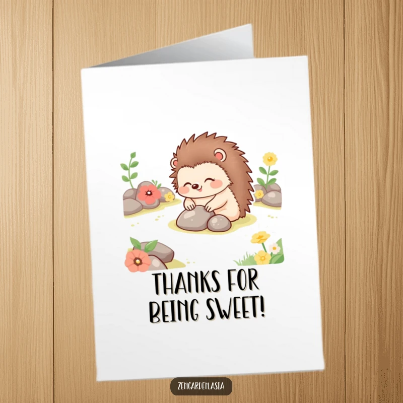 Funny free printable thank you card of a happy hedgehog placing stones in a tranquil garden, a cute way to say thanks.