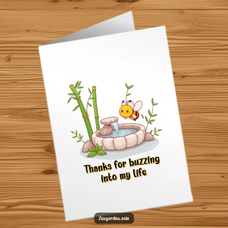 Funny Free Printable Bee Zen Garden Thank You Card: A content bee enjoying a zen fountain, perfect for a grateful message.