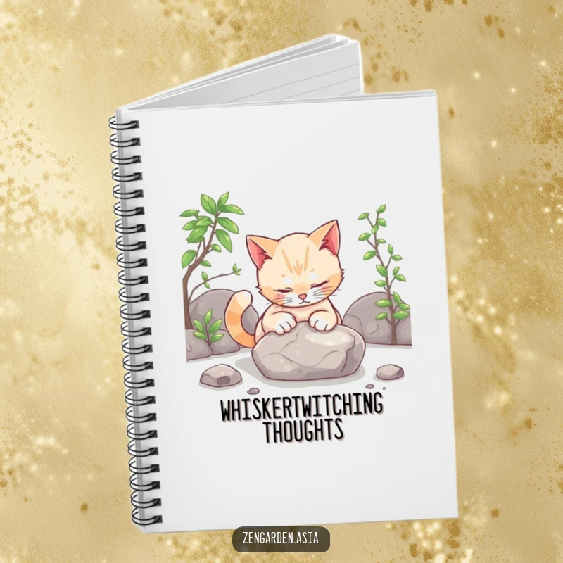 Funny cat zen notebook, a curious cat gently patting a stone in a zen garden, ideal for journaling and quiet contemplation.