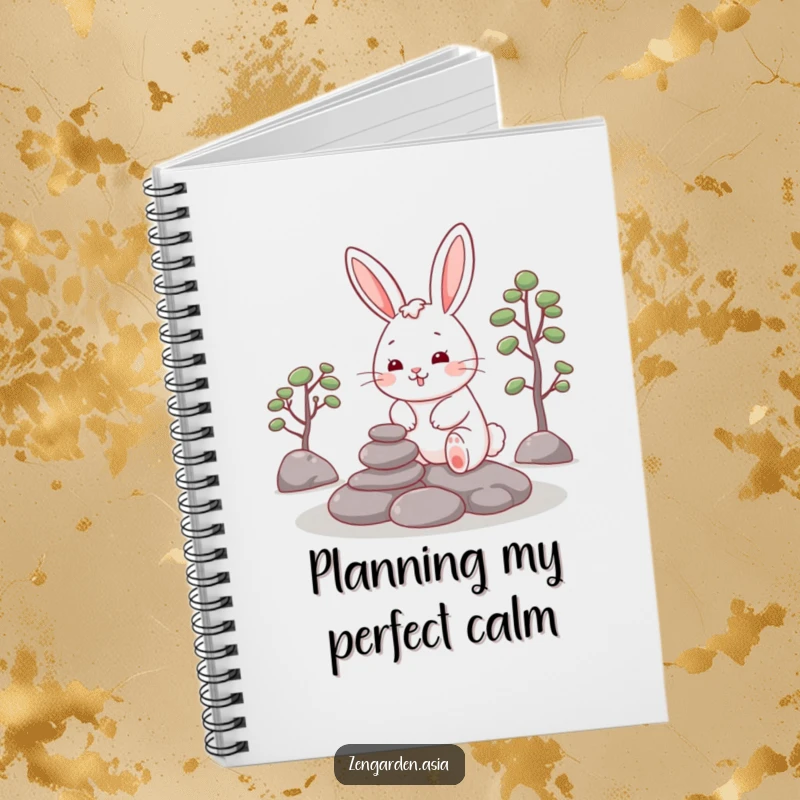 Funny Rabbit Zen Notebook: A cheerful rabbit smiles while placing stones, symbolizing calm focus for jotting down thoughts.