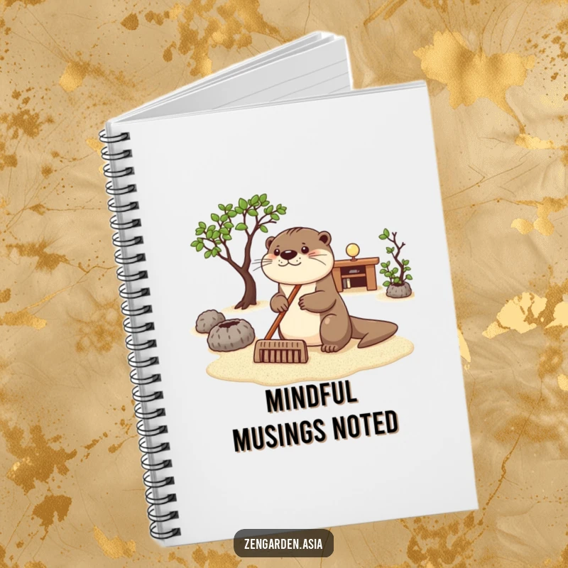 Funny otter zen notebook, a happy otter raking sand in a zen garden, perfect for journaling and peaceful thoughts.