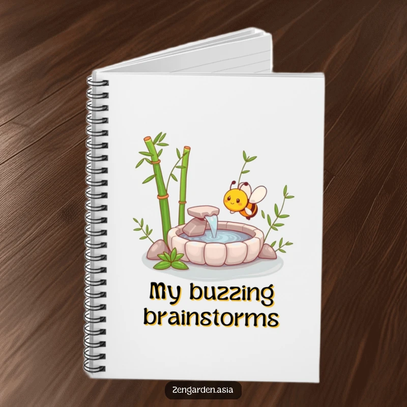 Funny Zen Bee Notebook with a miniature zen garden and bamboo fountain, featuring a happy bee, perfect for jotting down funny thoughts.