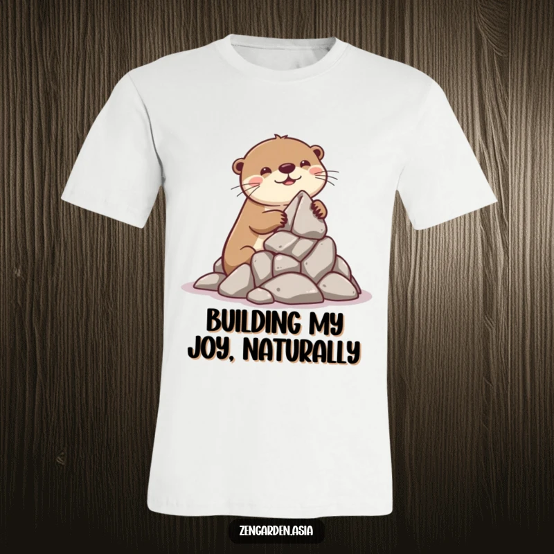 Funny Otter Builder T-Shirt: A playful otter grins as it joyfully stacks rocks to create a miniature formation, showing off its construction skills.
