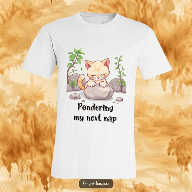 Funny cat zen t-shirt, a curious cat gently patting a smooth stone in a calm zen garden, adorable and humorous.
