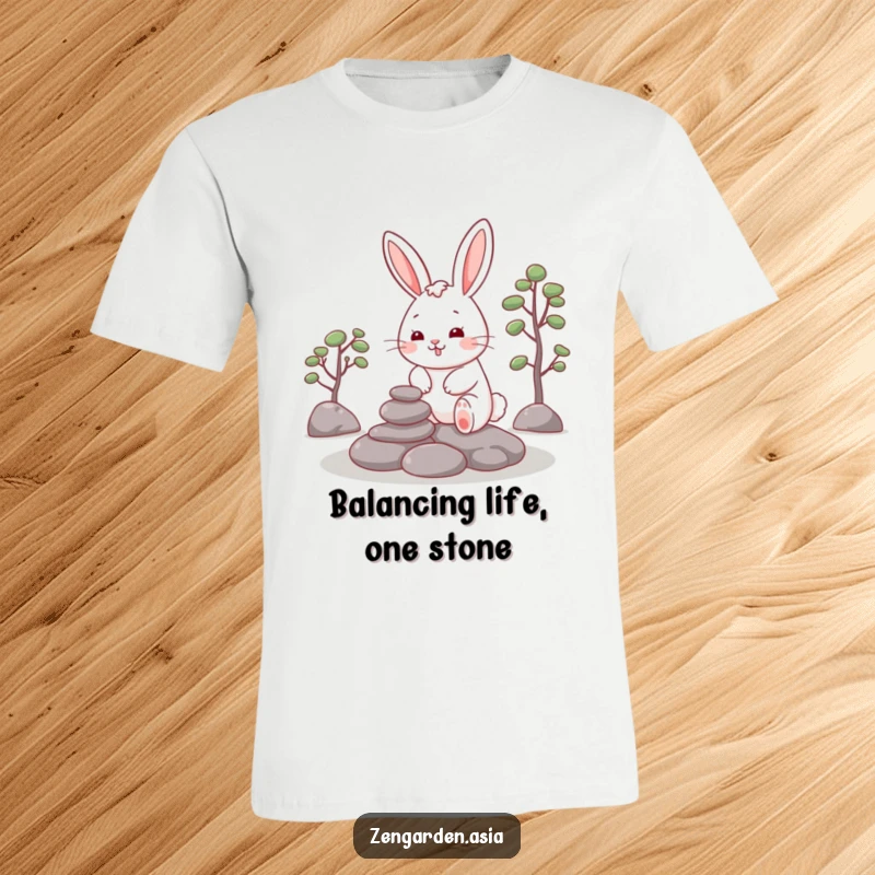 Funny Rabbit Zen T-Shirt: A cheerful rabbit grins as it carefully places stones in a zen garden, radiating calm and creativity.