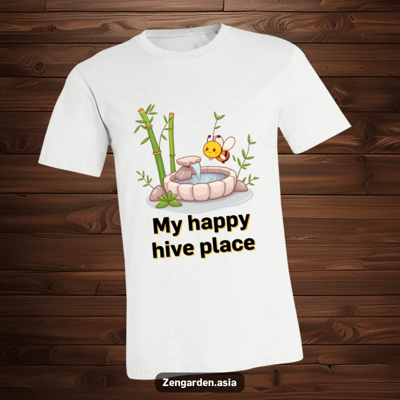 Funny Zen Bee T-Shirt showing a cheerful bee hovering over a miniature zen garden complete with a bamboo water feature.