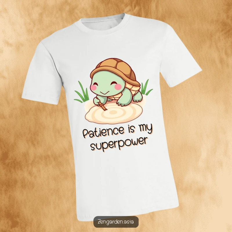Funny Turtle Zen T-Shirt: A tiny turtle grins as it carefully rakes a beautiful pattern in a sandbox, radiating peaceful humor.