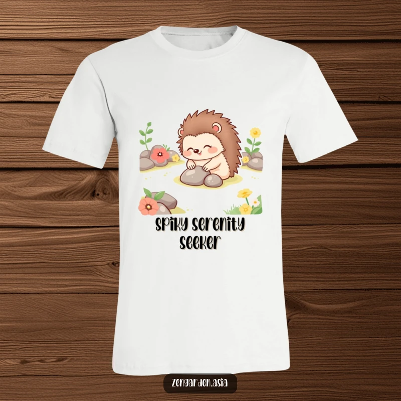 Funny happy hedgehog placing stones in a serene garden setting, depicted on a comfortable and humorous t-shirt.