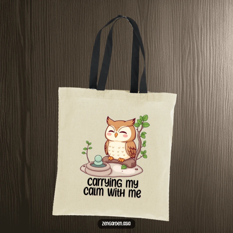 Funny meditating owl character sitting serenely beside a Zen garden, showcased on a durable and humorous tote bag.