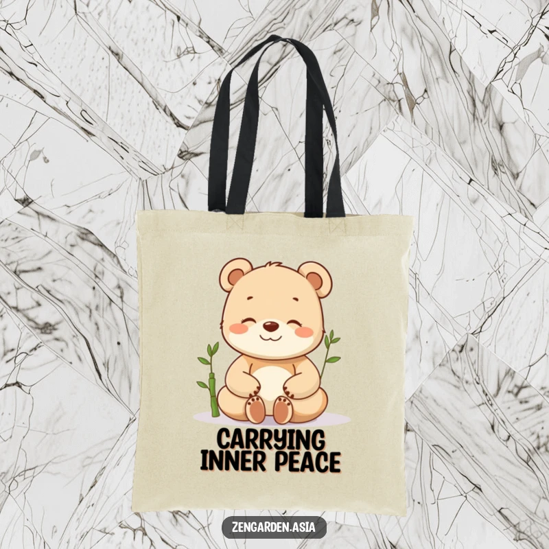 Funny happy bear cub tote bag, meditating peacefully beside a tiny bamboo shoot, conveying a sense of calm and joy.