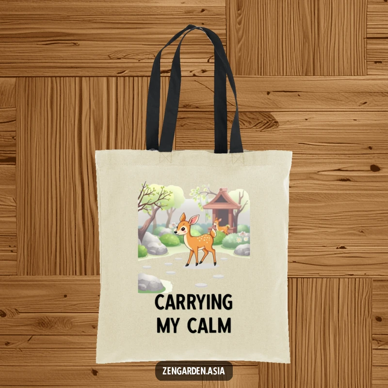Funny deer zen tote bag, a graceful deer walking through a zen garden, leaving gentle paw prints, stylish and practical.