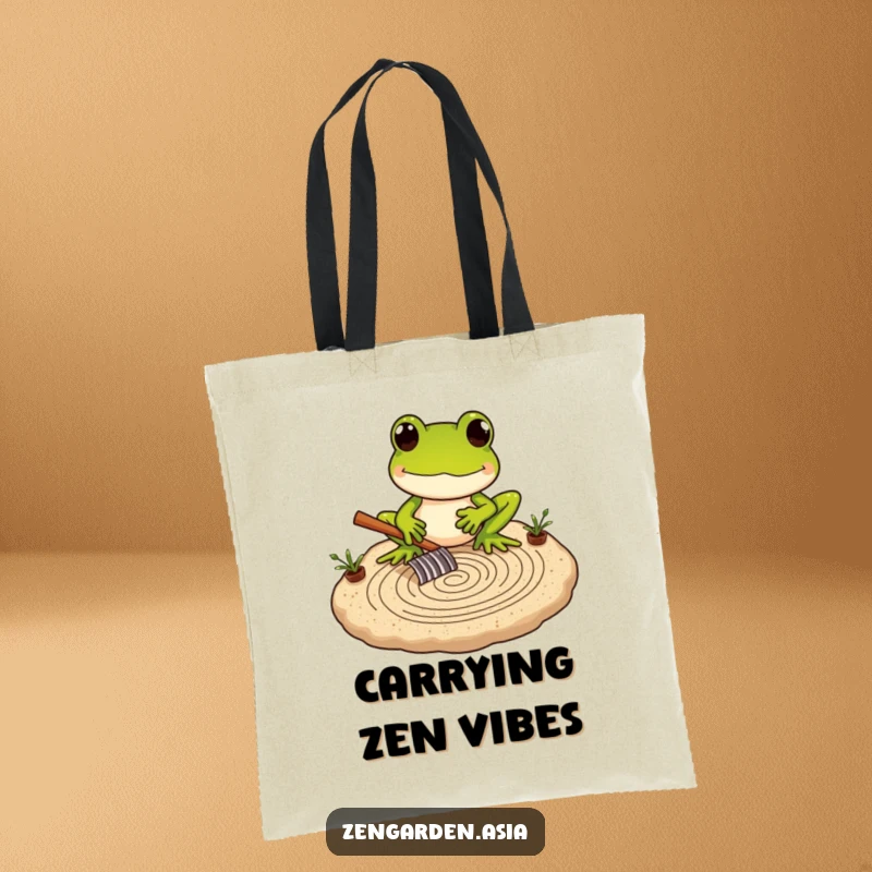 Funny Frog Zen Master Tote Bag with a frog carefully raking a miniature sand garden, ideal for mindful essentials.
