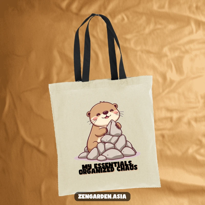 Funny Otter Builder Tote Bag: A playful otter gleefully stacks rocks to build a miniature formation, perfect for carrying supplies.