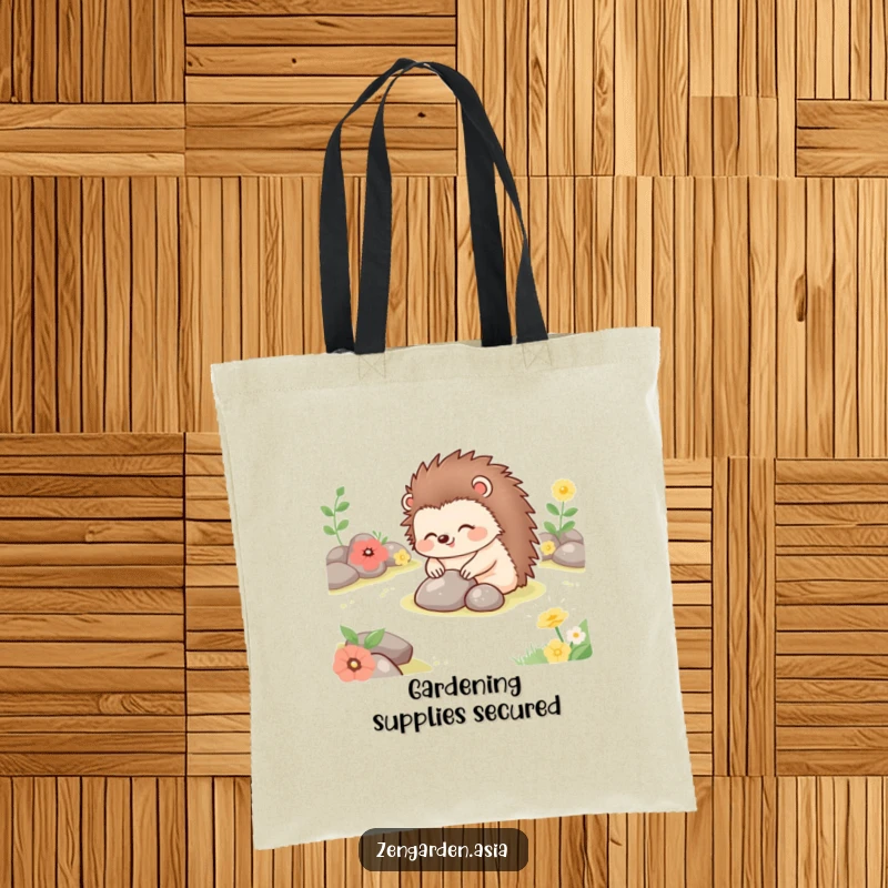 Funny happy hedgehog placing stones in a tranquil garden, showcased on a sturdy and humorous tote bag.